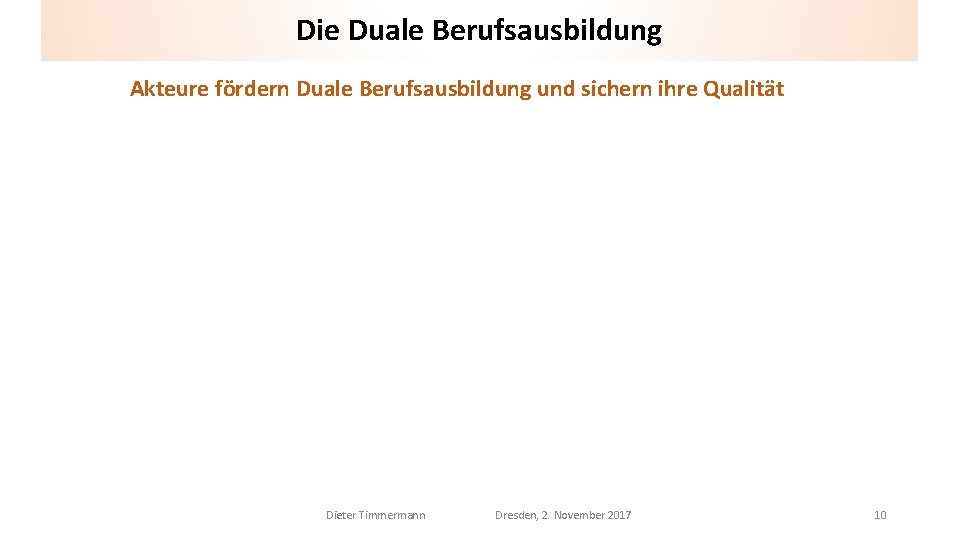 Die Duale Berufsausbildung Akteure fördern Duale Berufsausbildung und sichern ihre Qualität Dieter Timmermann Dresden,