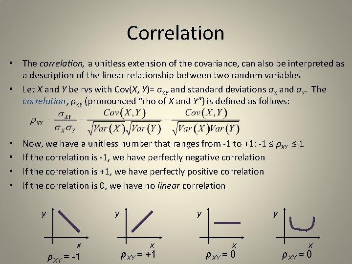 Correlation • The correlation, a unitless extension of the covariance, can also be interpreted Correlation • The correlation, a unitless extension of the covariance, can also be interpreted