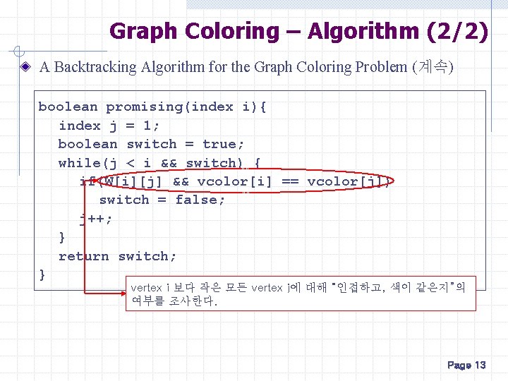 Graph Coloring – Algorithm (2/2) A Backtracking Algorithm for the Graph Coloring Problem (계속) Graph Coloring – Algorithm (2/2) A Backtracking Algorithm for the Graph Coloring Problem (계속)
