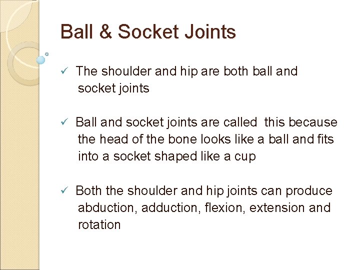 Ball & Socket Joints ü The shoulder and hip are both ball and socket Ball & Socket Joints ü The shoulder and hip are both ball and socket