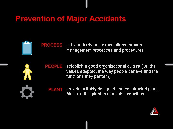 Prevention of Major Accidents PROCESS set standards and expectations through management processes and procedures