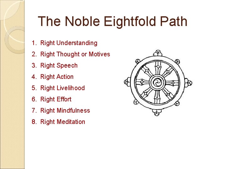 The Noble Eightfold Path 1. Right Understanding 2. Right Thought or Motives 3. Right