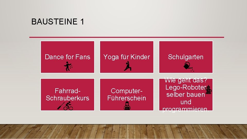 BAUSTEINE 1 Dance for Fans Fahrrad. Schrauberkurs Yoga für Kinder Schulgarten Computer. Führerschein Wie