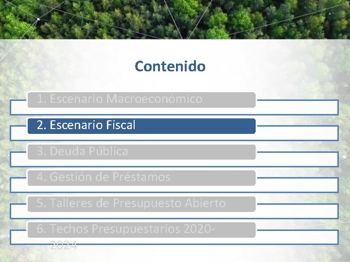 Contenido 1. Escenario Macroeconómico 2. Escenario Fiscal 3. Deuda Pública 4. Gestión de Préstamos