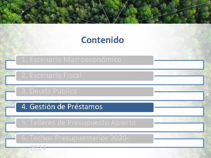 Contenido 1. Escenario Macroeconómico 2. Escenario Fiscal 3. Deuda Pública 4. Gestión de Préstamos