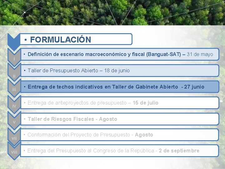  • FORMULACIÓN i ii iv v viii • Definición de escenario macroeconómico y