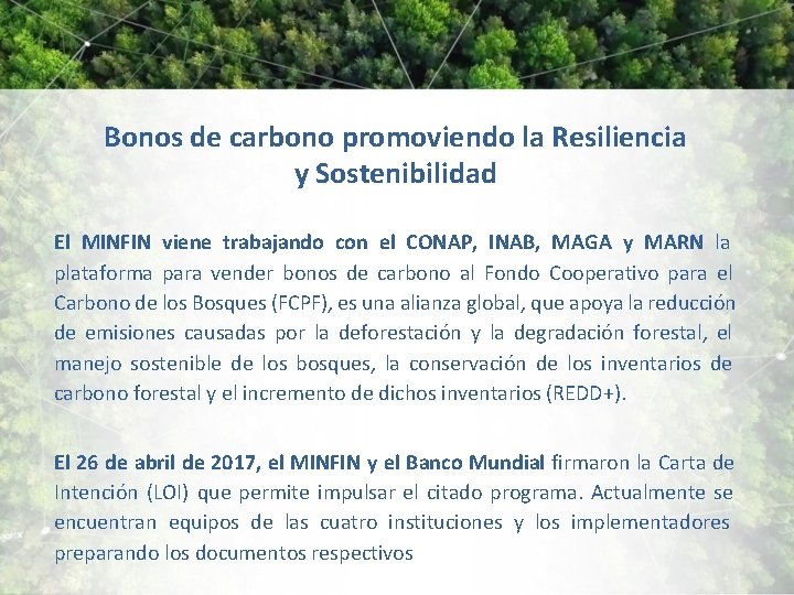 Bonos de carbono promoviendo la Resiliencia y Sostenibilidad El MINFIN viene trabajando con el