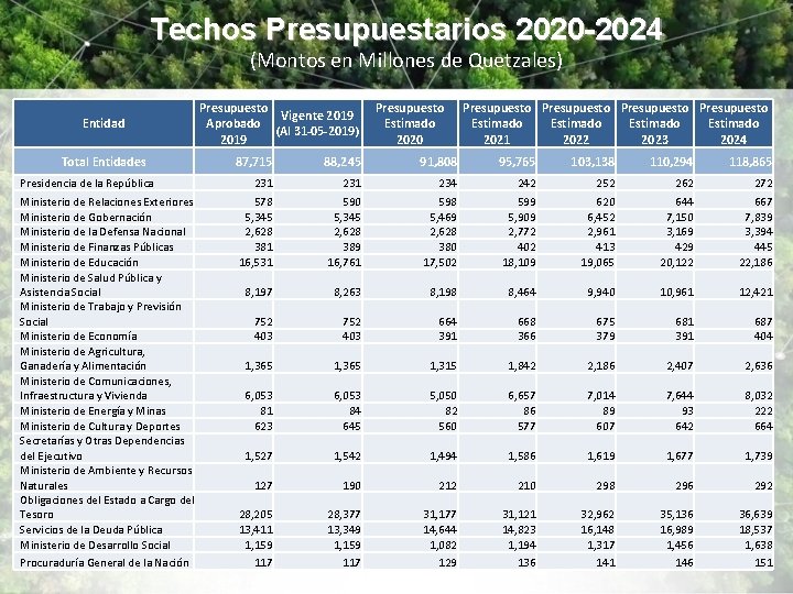 Techos Presupuestarios 2020 -2024 (Montos en Millones de Quetzales) Entidad Total Entidades Presidencia de