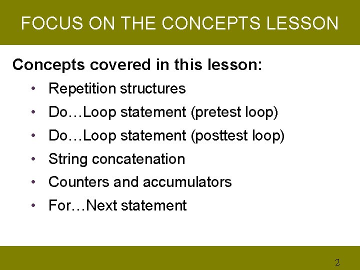 FOCUS ON THE CONCEPTS LESSON Concepts covered in this lesson: • Repetition structures •
