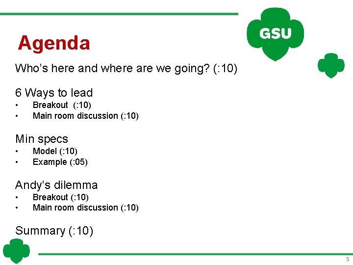 Agenda Who’s here and where are we going? (: 10) 6 Ways to lead