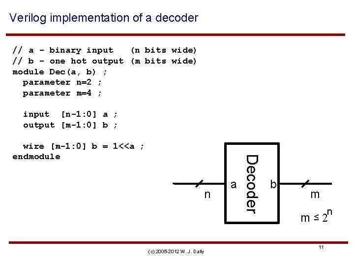 Verilog implementation of a decoder // a - binary input (n bits wide) //