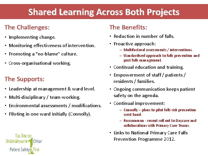 Shared Learning Across Both Projects The Challenges: The Benefits: • Implementing change. • Reduction