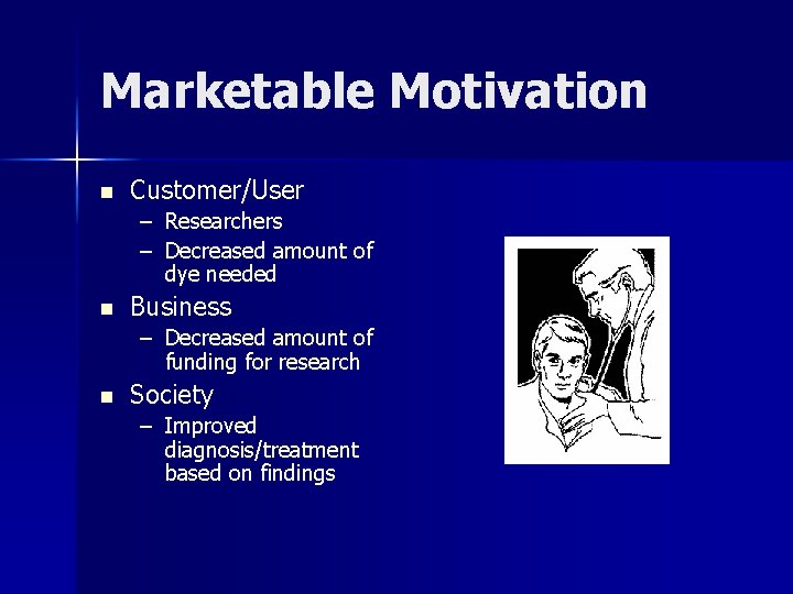 Marketable Motivation n Customer/User – Researchers – Decreased amount of dye needed n Business