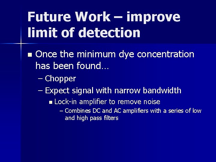 Future Work – improve limit of detection n Once the minimum dye concentration has