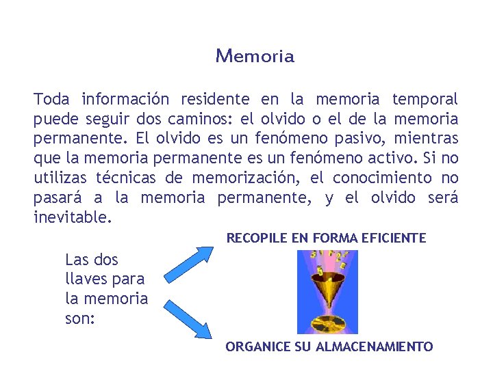 Memoria Toda información residente en la memoria temporal puede seguir dos caminos: el olvido