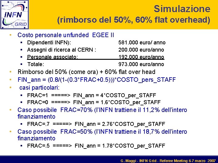 Simulazione (rimborso del 50%, 60% flat overhead) • Costo personale unfunded EGEE II §