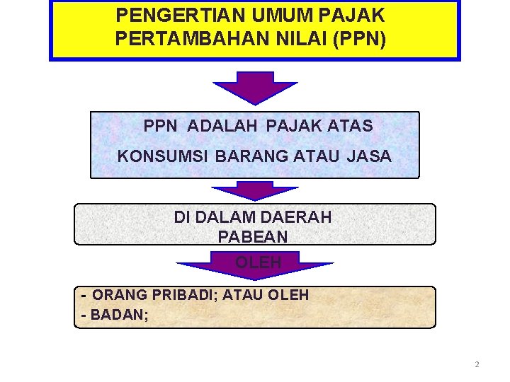 PENGERTIAN UMUM PAJAK PERTAMBAHAN NILAI (PPN) PPN ADALAH PAJAK ATAS KONSUMSI BARANG ATAU JASA