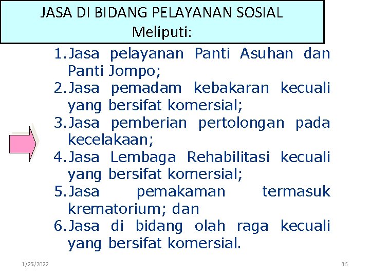 JASA DI BIDANG PELAYANAN SOSIAL Meliputi: 1. Jasa pelayanan Panti Asuhan dan Panti Jompo;