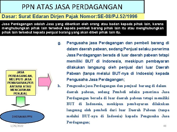 PPN ATAS JASA PERDAGANGAN Dasar: Surat Edaran Dirjen Pajak Nomor: SE-08/PJ. 52/1996 Jasa Perdagangan