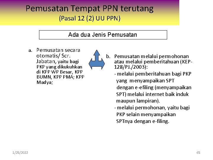 Pemusatan Tempat PPN terutang (Pasal 12 (2) UU PPN) Ada dua Jenis Pemusatan a.