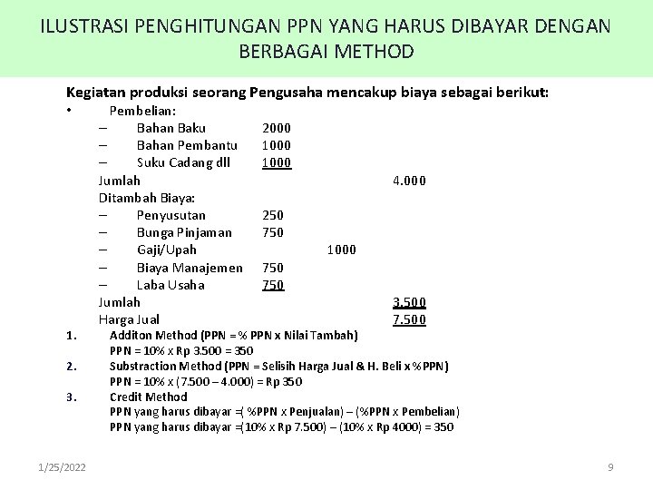 ILUSTRASI PENGHITUNGAN PPN YANG HARUS DIBAYAR DENGAN BERBAGAI METHOD Kegiatan produksi seorang Pengusaha mencakup