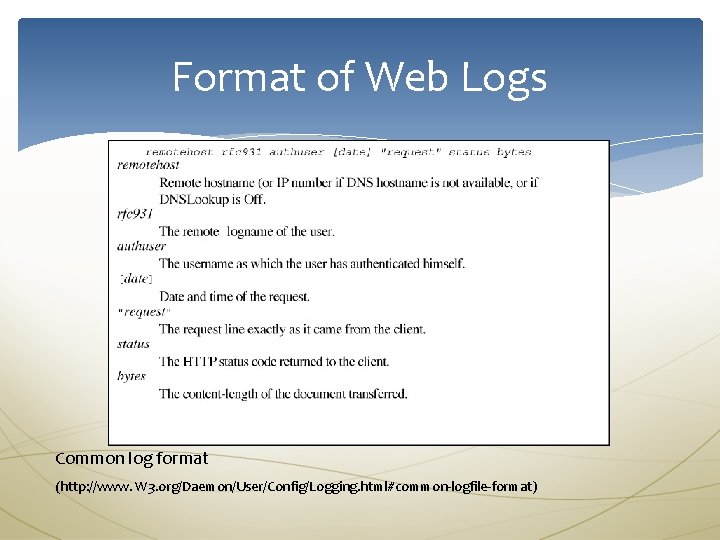 Format of Web Logs Common log format (http: //www. W 3. org/Daemon/User/Config/Logging. html#common-logfile-format) 