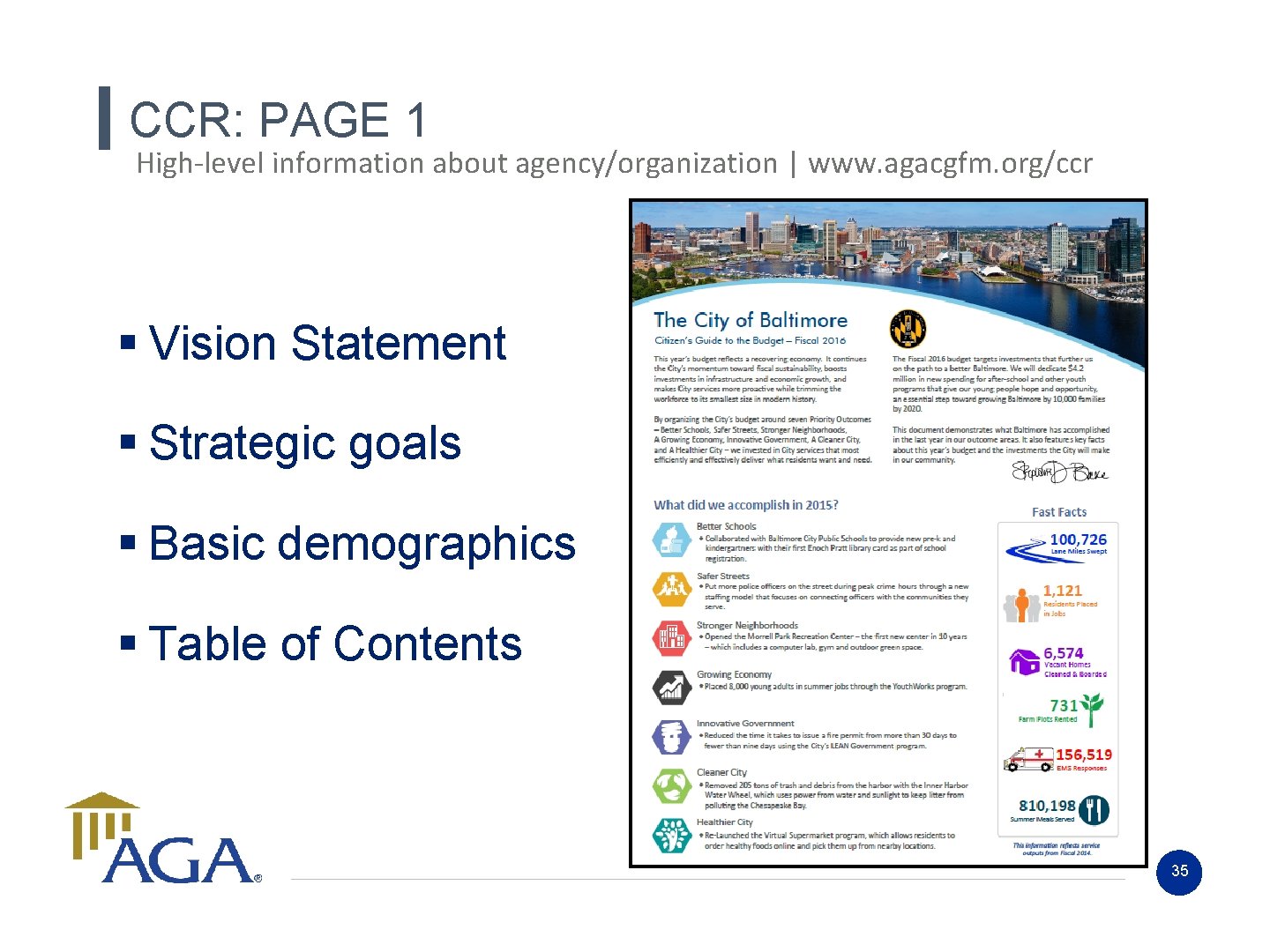 CCR: PAGE 1 High-level information about agency/organization | www. agacgfm. org/ccr § Vision Statement CCR: PAGE 1 High-level information about agency/organization | www. agacgfm. org/ccr § Vision Statement