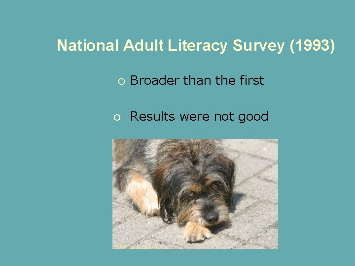National Adult Literacy Survey (1993) Broader than the first Results were not good 