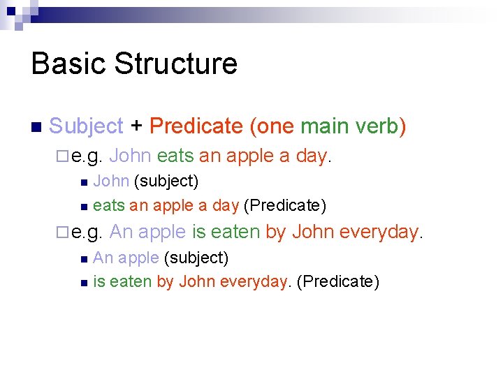 Basic Structure n Subject + Predicate (one main verb) ¨ e. g. John eats