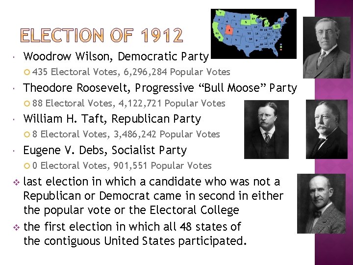  Woodrow Wilson, Democratic Party 435 Theodore Roosevelt, Progressive “Bull Moose” Party 88 Electoral