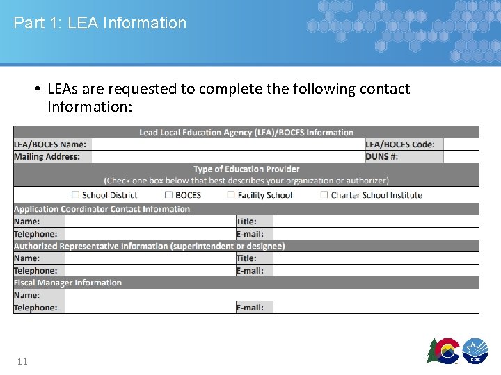 Part 1: LEA Information • LEAs are requested to complete the following contact Information: