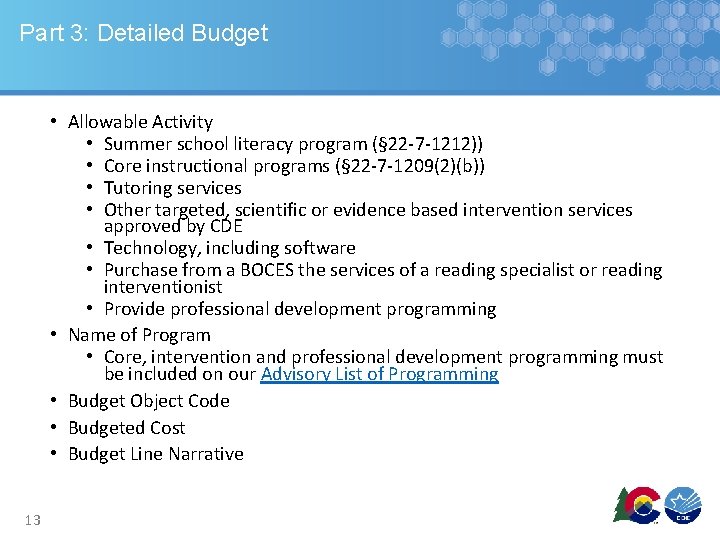 Part 3: Detailed Budget • Allowable Activity • Summer school literacy program (§ 22