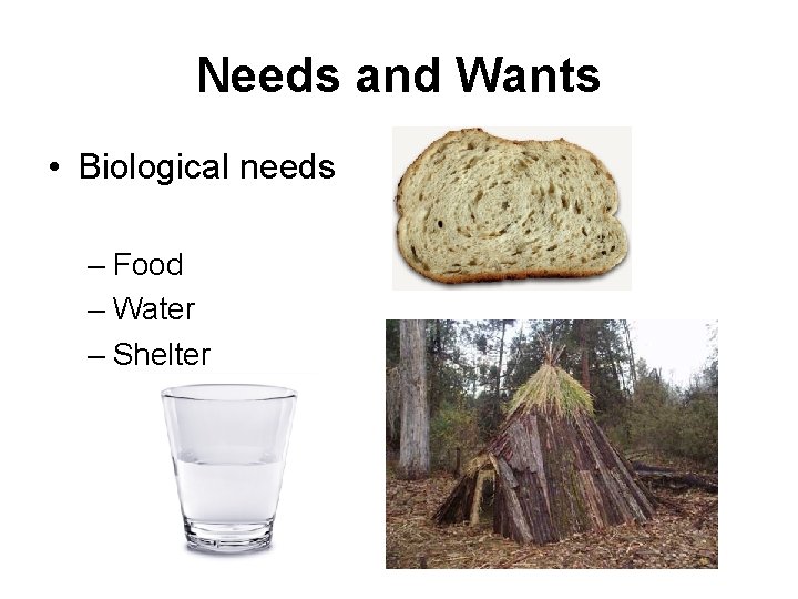 Needs and Wants • Biological needs – Food – Water – Shelter 