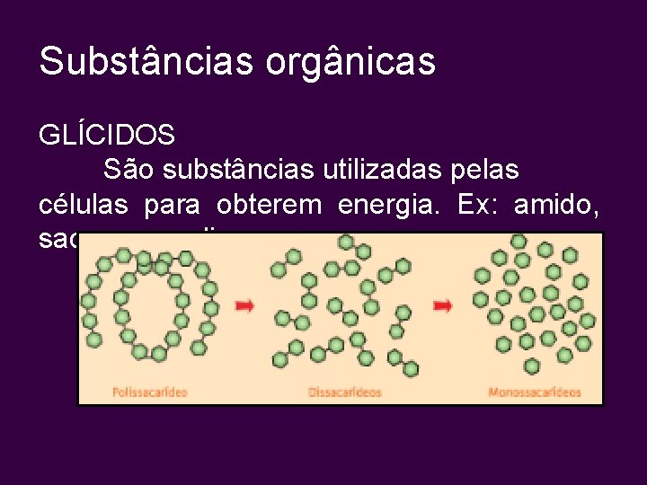 Substâncias orgânicas GLÍCIDOS São substâncias utilizadas pelas células para obterem energia. Ex: amido, sacarose