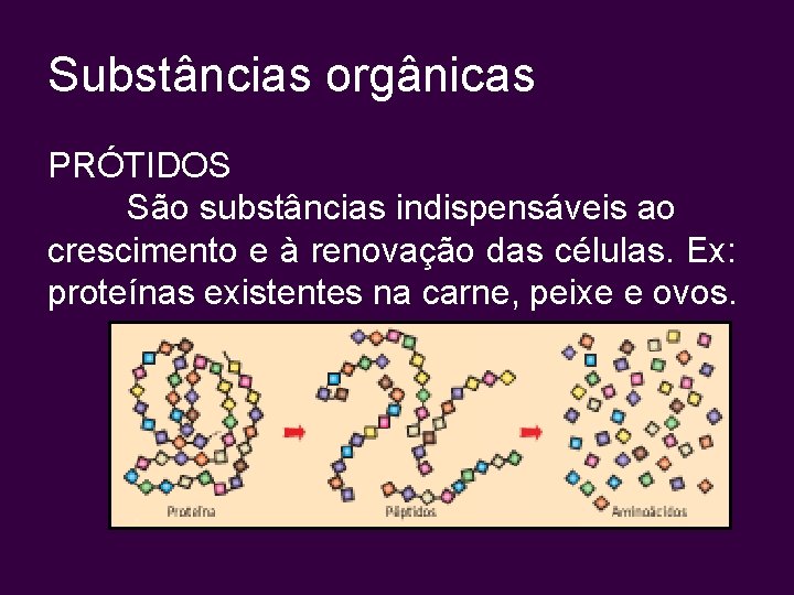 Substâncias orgânicas PRÓTIDOS São substâncias indispensáveis ao crescimento e à renovação das células. Ex: