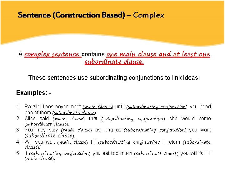 Sentence (Construction Based) – Complex A complex sentence contains one main clause and at