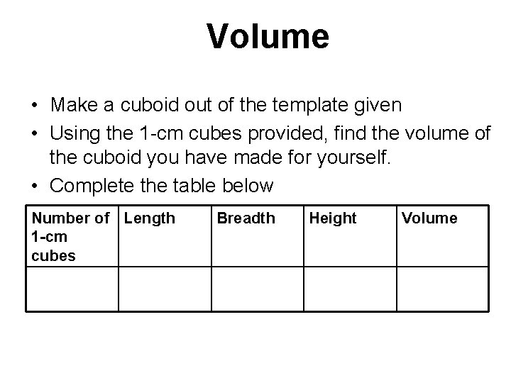 Volume • Make a cuboid out of the template given • Using the 1