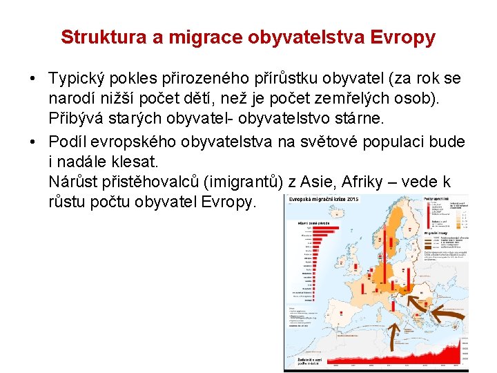 Struktura a migrace obyvatelstva Evropy • Typický pokles přirozeného přírůstku obyvatel (za rok se