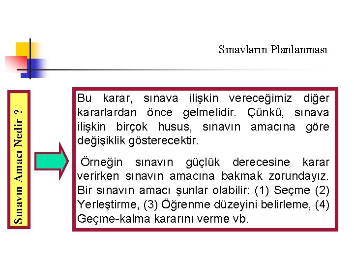 Sınavın Amacı Nedir ? Sınavların Planlanması Bu karar, sınava ilişkin vereceğimiz diğer kararlardan önce