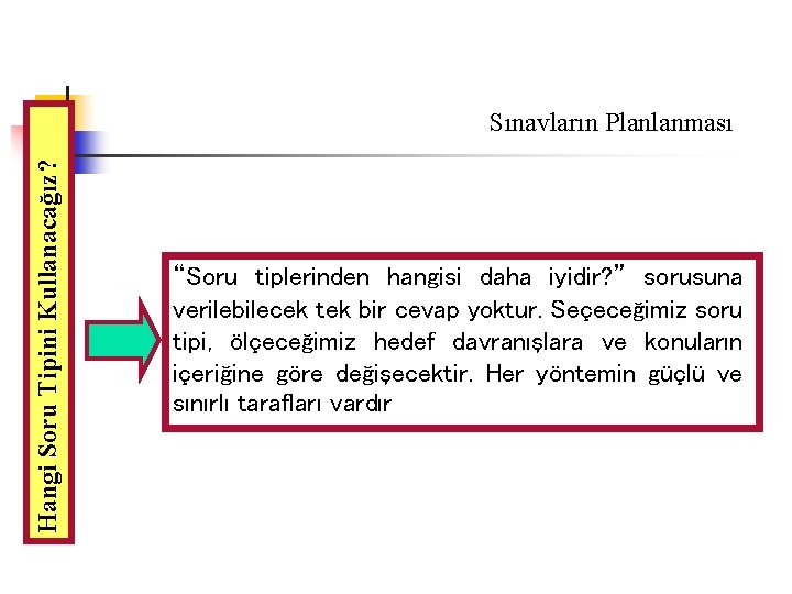 Hangi Soru Tipini Kullanacağız? Sınavların Planlanması “Soru tiplerinden hangisi daha iyidir? ” sorusuna verilebilecek