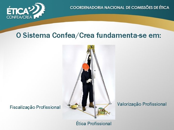 O Sistema Confea/Crea fundamenta-se em: Valorização Profissional Fiscalização Profissional Ética Profissional 