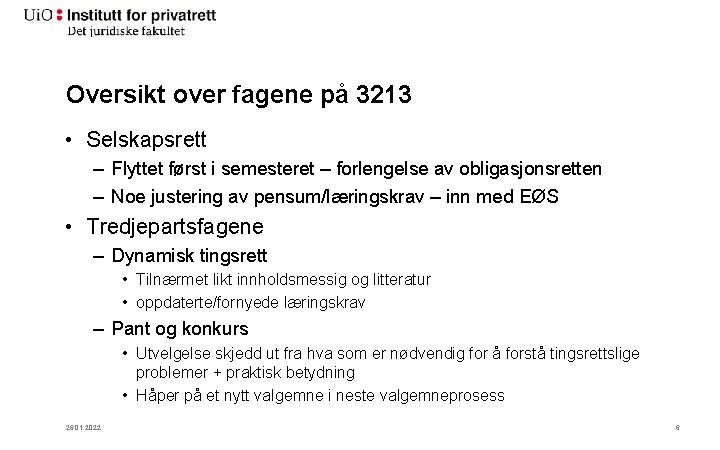 Oversikt over fagene på 3213 • Selskapsrett – Flyttet først i semesteret – forlengelse