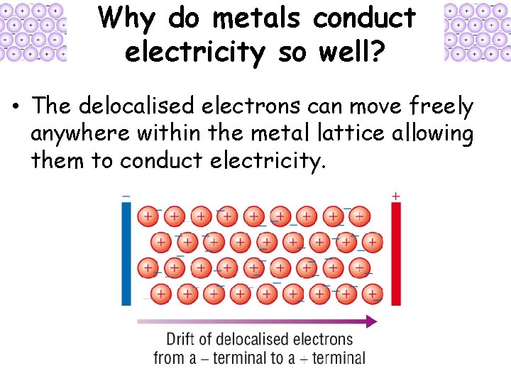 Why do metals conduct electricity so well? • The delocalised electrons can move freely