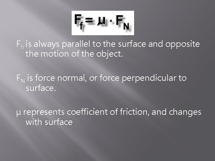 Ffr is always parallel to the surface and opposite the motion of the object.