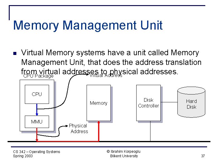 Memory Management Unit n Virtual Memory systems have a unit called Memory Management Unit,