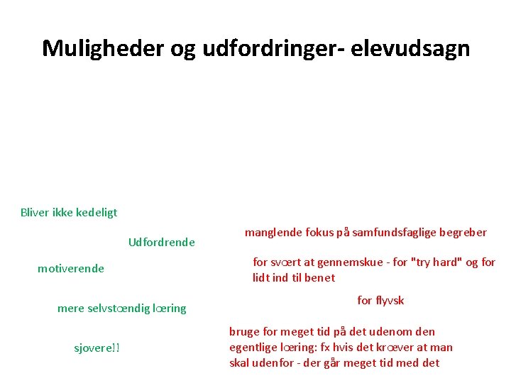 Muligheder og udfordringer- elevudsagn Bliver ikke kedeligt Udfordrende motiverende mere selvstœndig lœring sjovere!! manglende