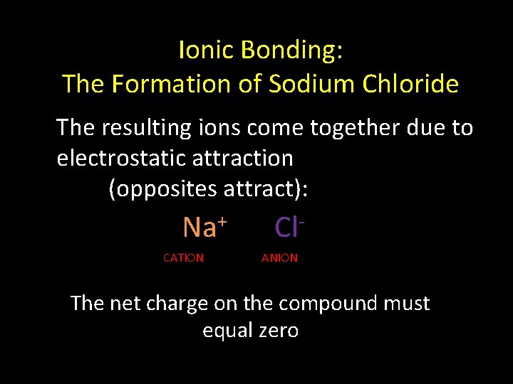Ionic Bonding: The Formation of Sodium Chloride The resulting ions come together due to