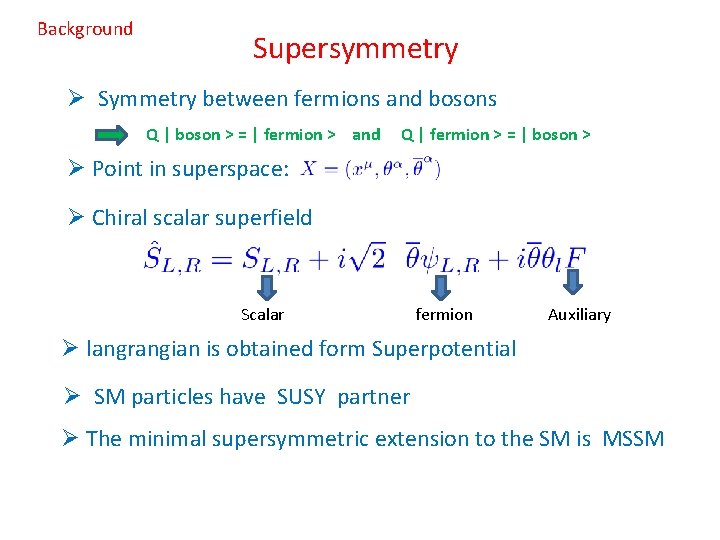 Background Supersymmetry Ø Symmetry between fermions and bosons Q | boson > = |