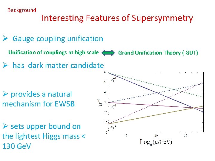 Background Interesting Features of Supersymmetry Ø Gauge coupling unification Unification of couplings at high