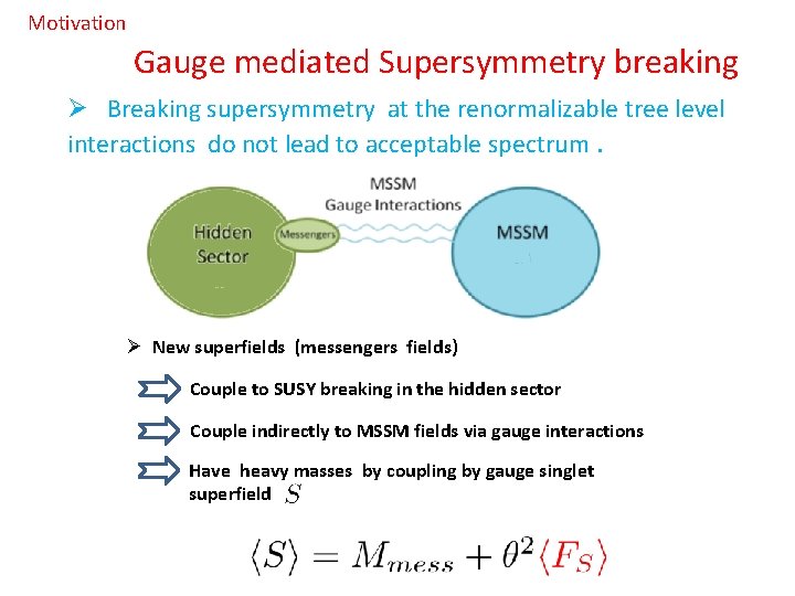 Motivation Gauge mediated Supersymmetry breaking Ø Breaking supersymmetry at the renormalizable tree level interactions